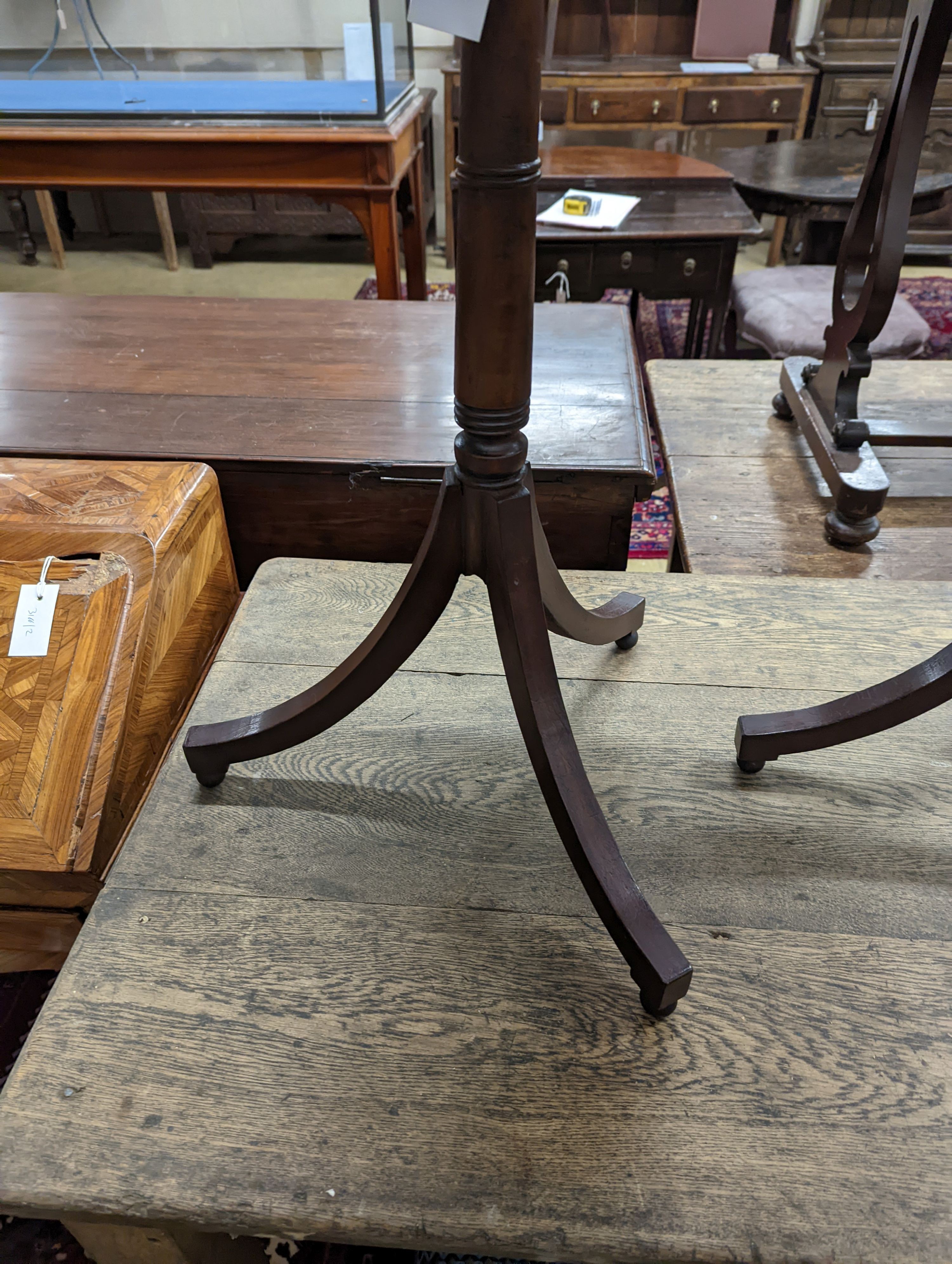 A pair of Regency style tripod tables, with walnut parquetry tops, W-38cm, D-44cm, H-71cm.